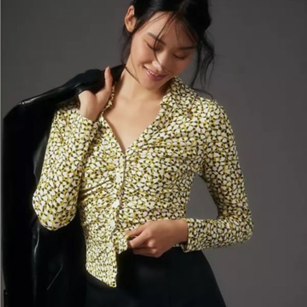 Maeve Ruched Button Down Floral Top
